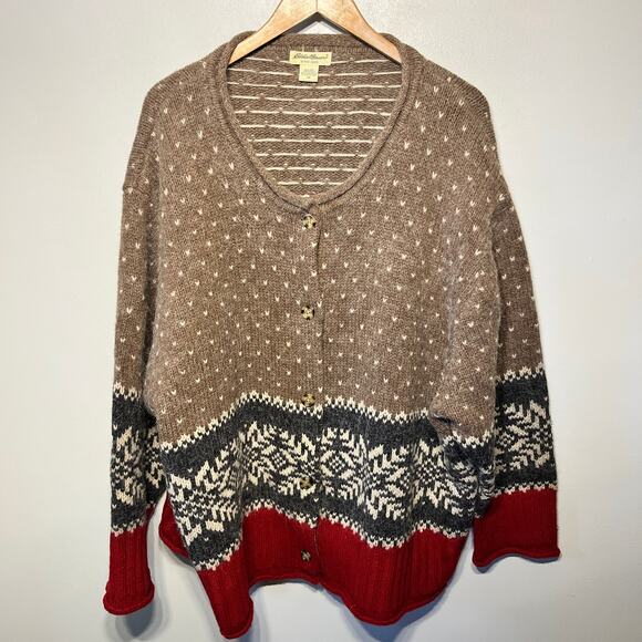 Eddie Bauer Sweater Taupe Red Wool Alpaca Nordic Button Cardigan Fuzzy Cozy 4X - Picture 1 of 7